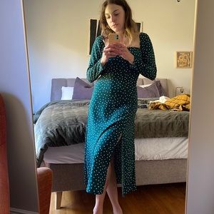 ASOS Square Neck Midi Dress with side slit & polka dots